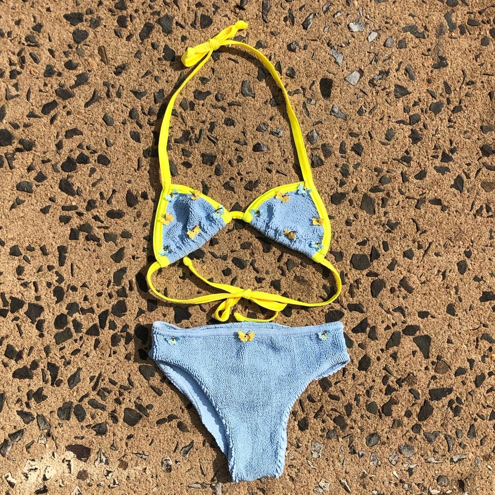 Hunza G Kids Bikini in Light Blue with Yellow Trim